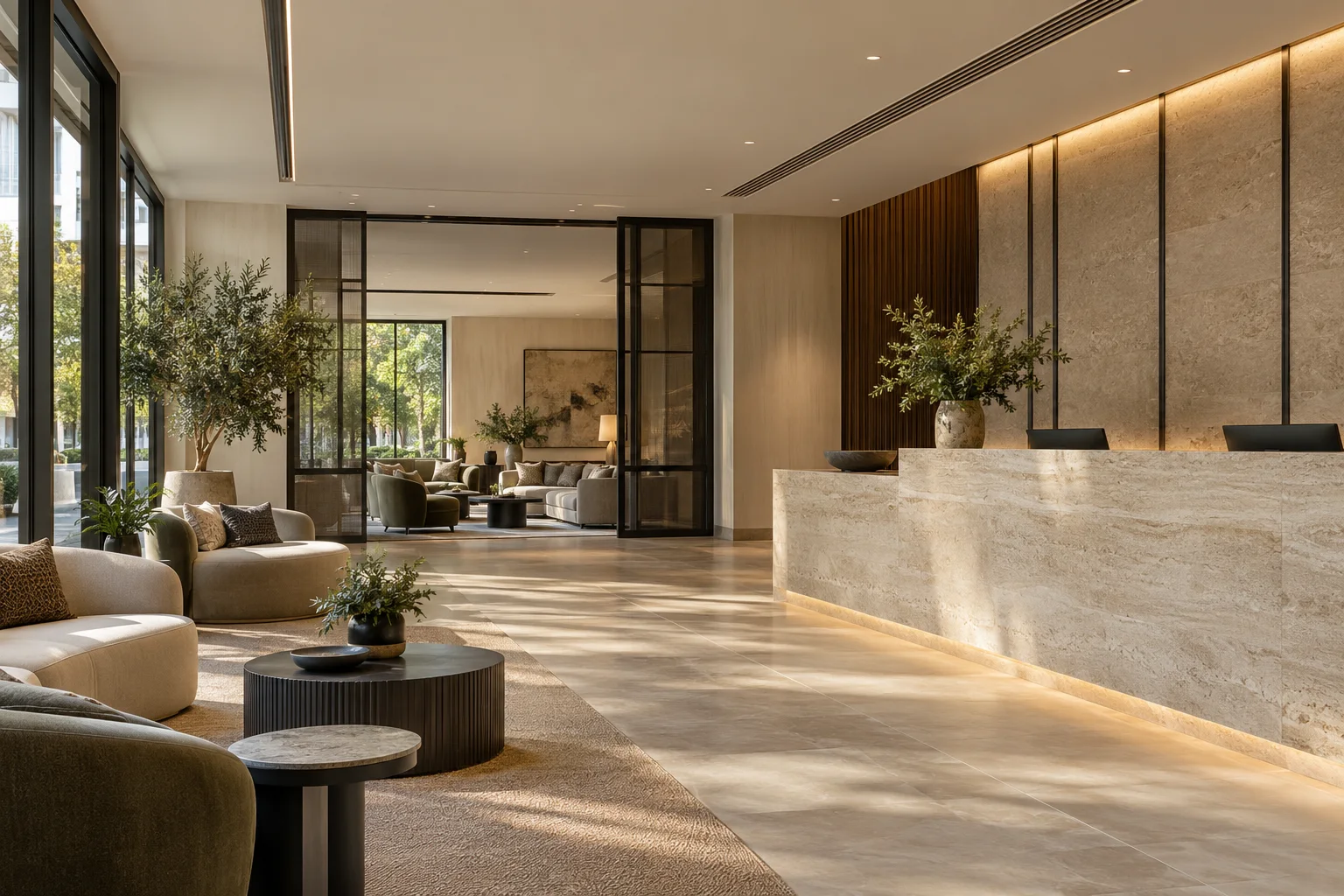 Representative hotel reception with discreet ceiling air distribution