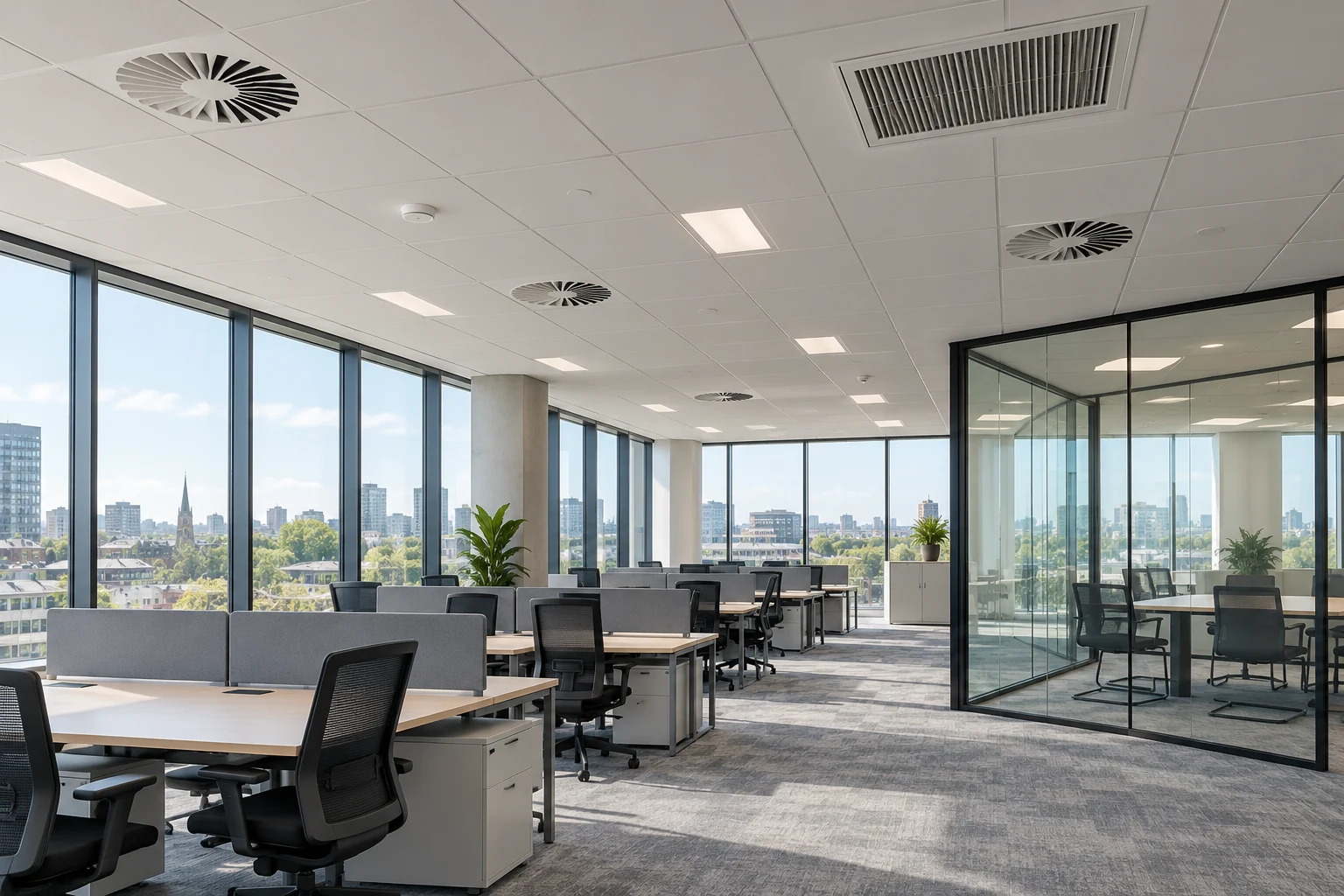 Empty contemporary office with visible circular ceiling diffusers and a rectangular return-air grille